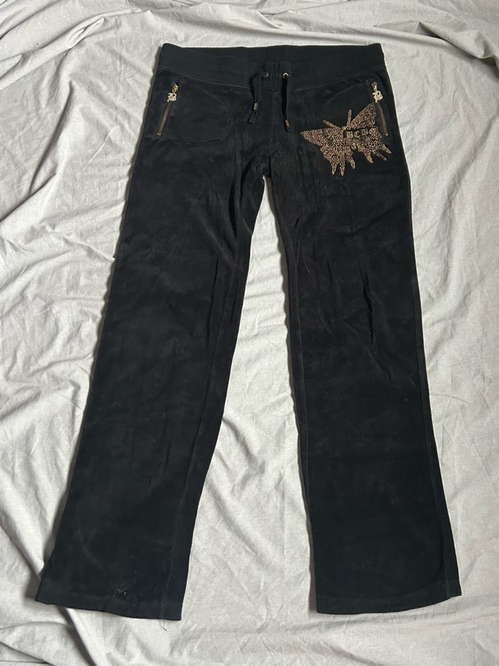 y2k BCBG Black Velour Track Pants with bedazzled Gold butterfly